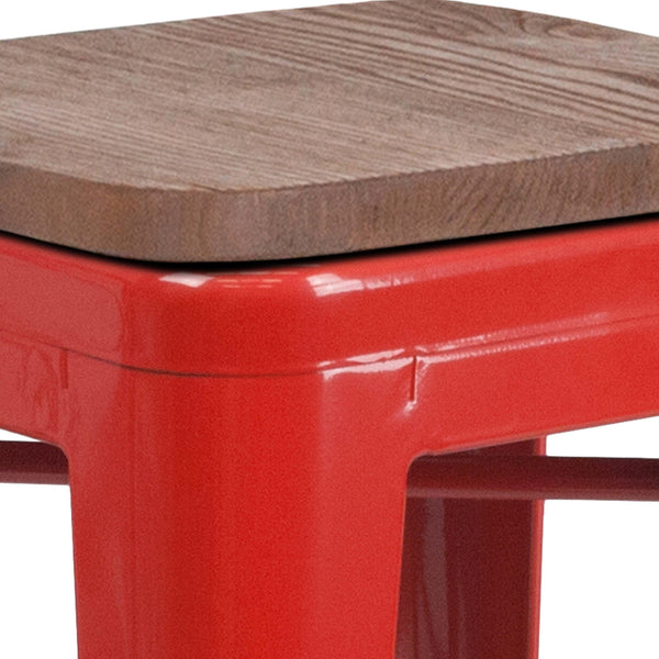 Red |#| 24inch High Backless Red Metal Counter Height Stool with Square Wood Seat
