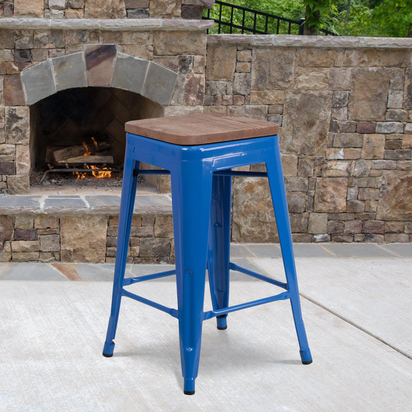 Blue |#| 24inch High Backless Blue Metal Counter Height Stool with Square Wood Seat