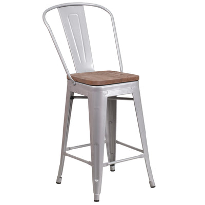 24" High Metal Counter Height Stool with Back and Wood Seat - View 1