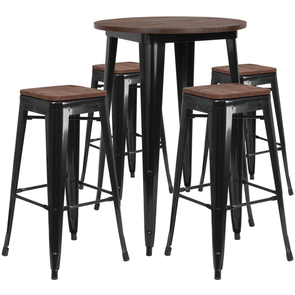 Black |#| 30inch Round Black Metal Bar Table Set with Wood Top and 4 Backless Stools