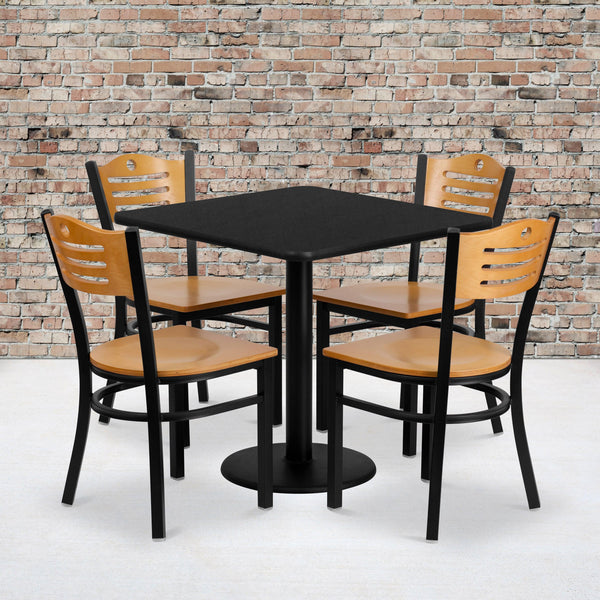 30inch Square Black Laminate Table Set with 4 Metal Chairs - Natural Wood Seat