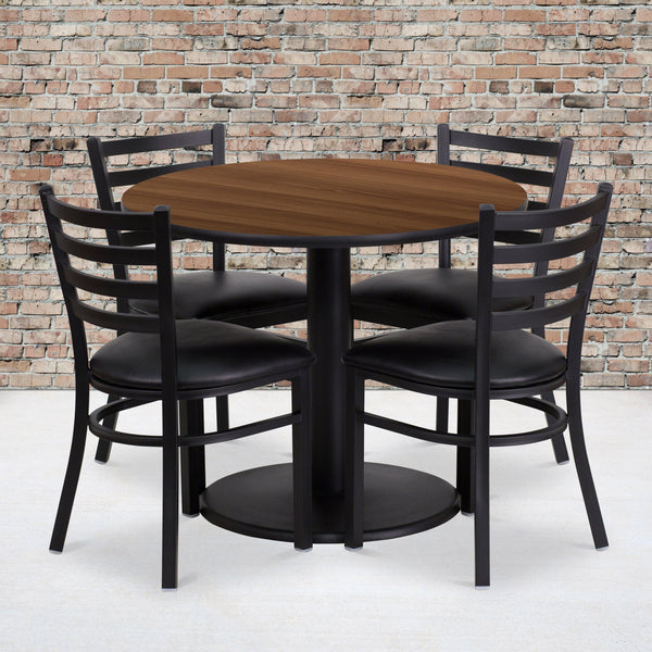 Walnut Top/Black Vinyl Seat |#| 36inch Round Walnut Laminate Table with Round Base and 4 Ladder Back Metal Chairs