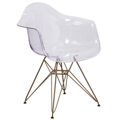 Allure Series Transparent Side Chair with Arms and Gold Base - View 1