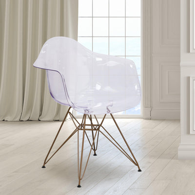 Allure Series Transparent Side Chair with Arms and Gold Base - View 2