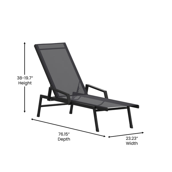 Black/Black |#| All-Weather Textilene Adjustable Chaise Lounge Chair with Arms - Black/Black