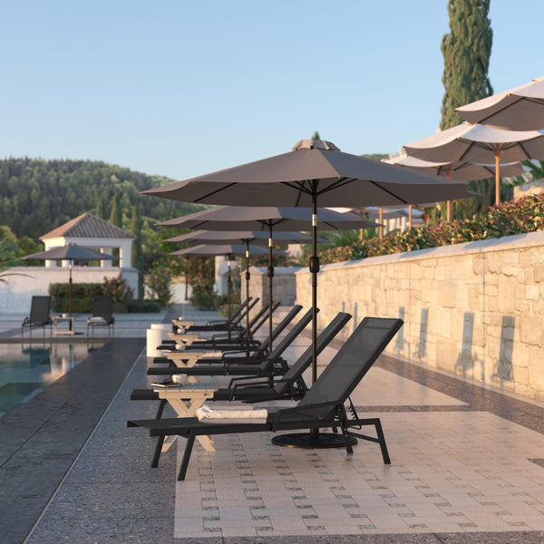 Black/Black |#| All-Weather Textilene Adjustable Chaise Lounge Chair with Arms - Black/Black