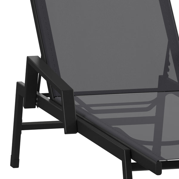 Black/Black |#| All-Weather Textilene Adjustable Chaise Lounge Chair with Arms - Black/Black