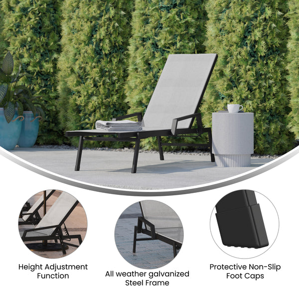 Gray |#| All-Weather Textilene Adjustable Chaise Lounge Chair with Arms - Black/Gray