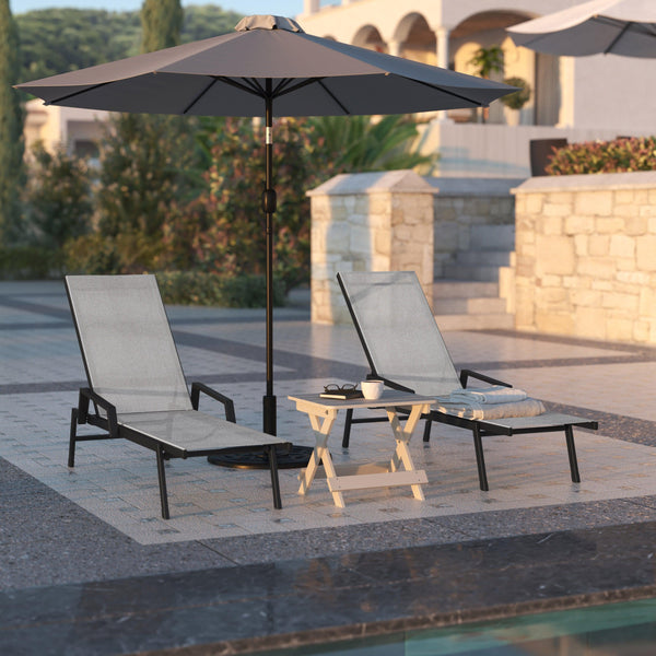 Gray |#| All-Weather Textilene Adjustable Chaise Lounge Chair with Arms - Black/Gray