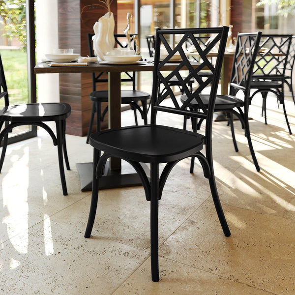 Black |#| Commercial Solid Wood Stackable Dining Chair with Intricate Back Detail in Black