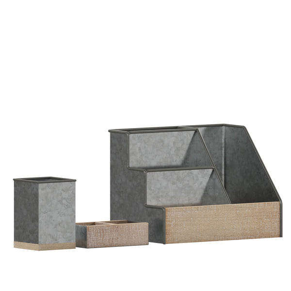 Galvanized |#| Galvanized Finish Metal and Rustic Wood 3 Piece Desktop or Vanity Organizer Set
