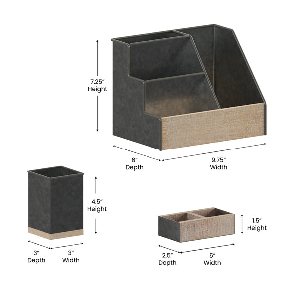 Galvanized |#| Galvanized Finish Metal and Rustic Wood 3 Piece Desktop or Vanity Organizer Set
