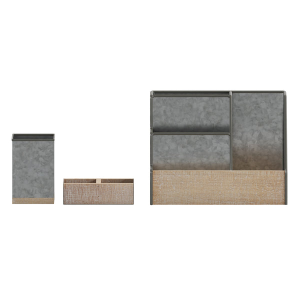 Galvanized |#| Galvanized Finish Metal and Rustic Wood 3 Piece Desktop or Vanity Organizer Set
