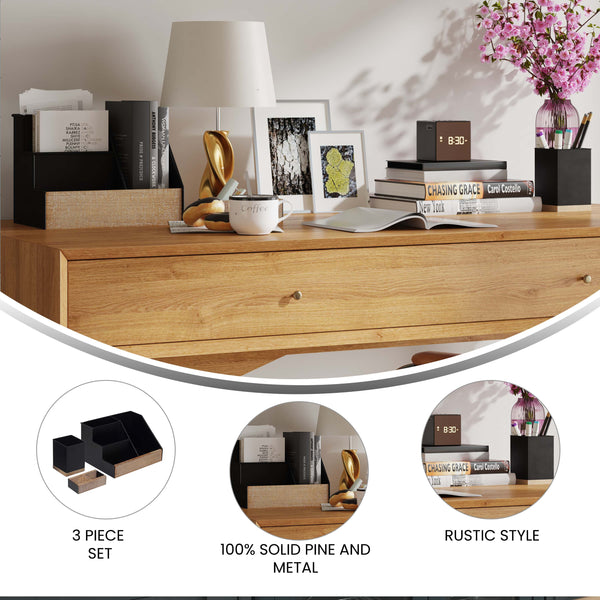 Black |#| Black Finish Metal and Rustic Wood 3 Piece Desktop or Vanity Organizer Set