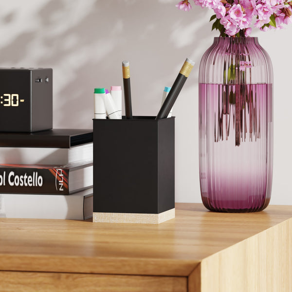 Black |#| Black Finish Metal and Rustic Wood 3 Piece Desktop or Vanity Organizer Set