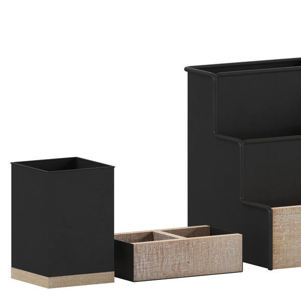 Black |#| Black Finish Metal and Rustic Wood 3 Piece Desktop or Vanity Organizer Set