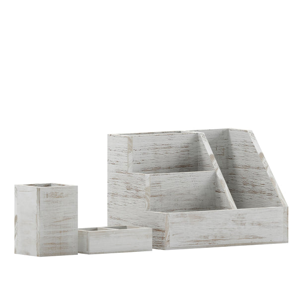 White Wash |#| Whitewashed Wooden 3 Piece Organization Set for Desktop, Tables, or Vanity