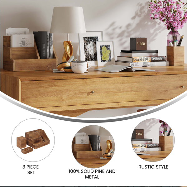 Rustic Brown |#| Rustic Brown Wooden 3 Piece Organization Set for Desktop, Tables, or Vanity