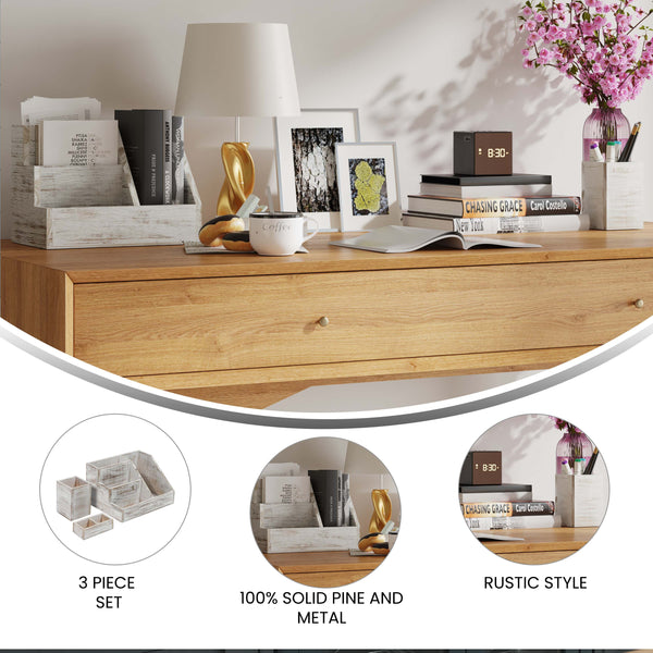 White Wash |#| Whitewashed Wooden 3 Piece Organization Set for Desktop, Tables, or Vanity