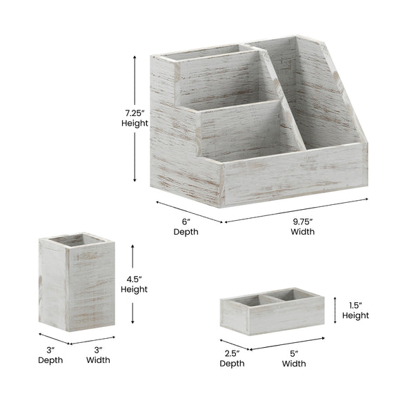 White Wash |#| Whitewashed Wooden 3 Piece Organization Set for Desktop, Tables, or Vanity