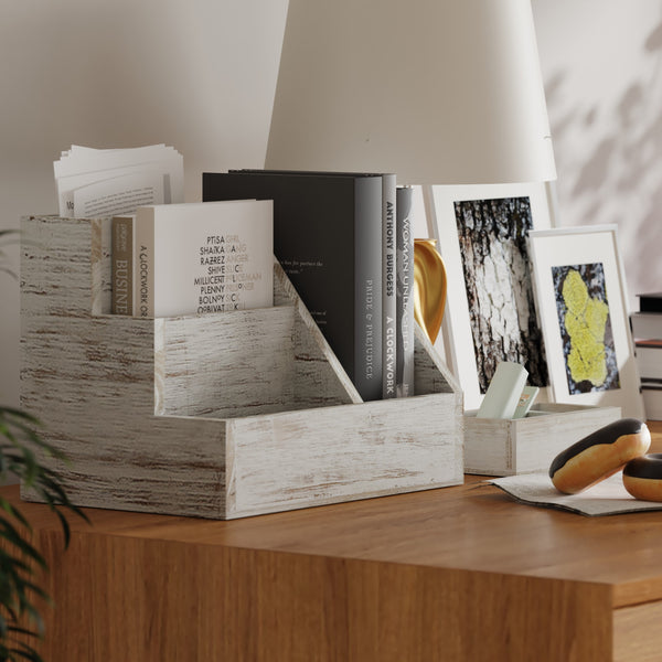 White Wash |#| Whitewashed Wooden 3 Piece Organization Set for Desktop, Tables, or Vanity