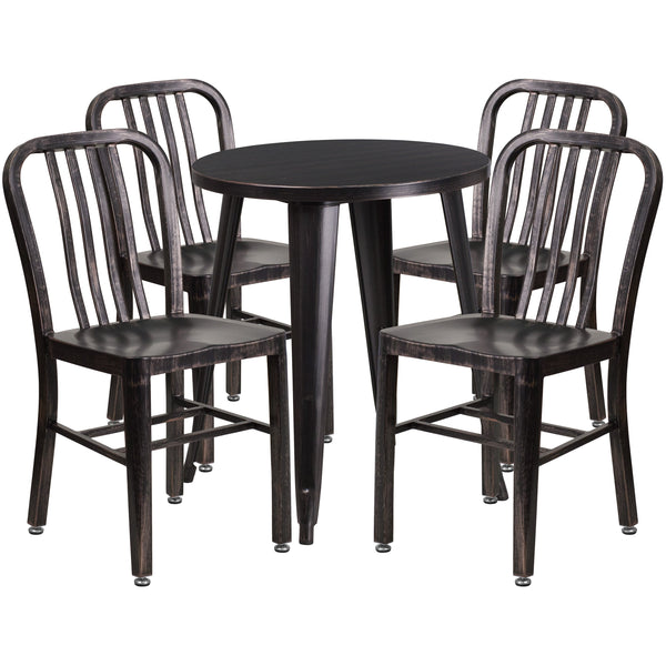 Black-Antique Gold |#| 24inch Round Black-Gold Metal Indoor-Outdoor Table Set with 4 Slat Back Chairs