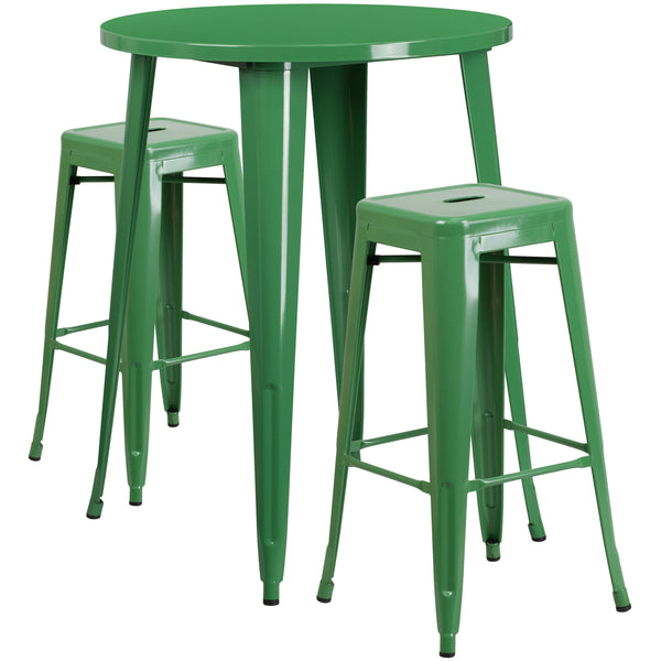 Green |#| 30inch Round Green Metal Indoor-Outdoor Bar Table Set with 2 Backless Stools