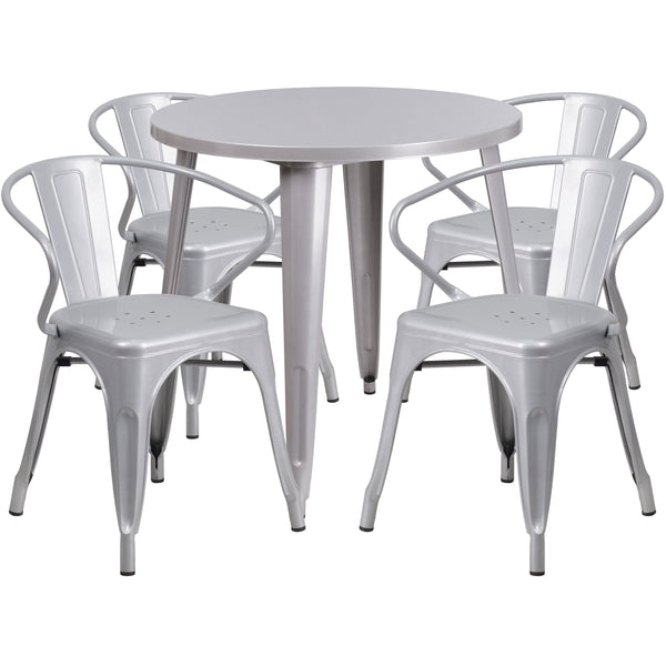 Silver |#| 30inch Round Silver Metal Indoor-Outdoor Table Set with 4 Arm Chairs