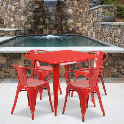 Commercial Grade 31.5" Square Metal Indoor-Outdoor Table Set with 4 Arm Chairs - View 2