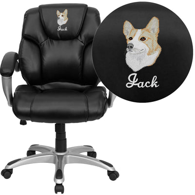 Embroidered Mid-Back LeatherSoft Layered Upholstered Executive Swivel Ergonomic Office Chair with Silver Nylon Base and Arms - View 1
