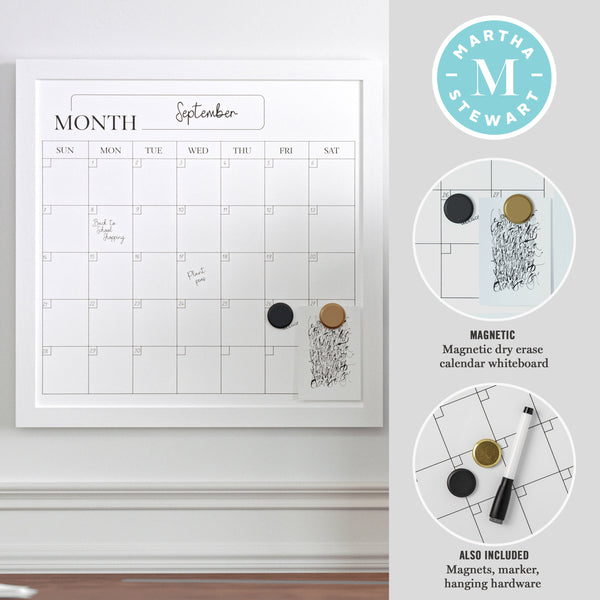 White Woodgrain |#| Dry Erase Magnetic Monthly Calendar and with White Woodgrain Frame - 18" x 18"