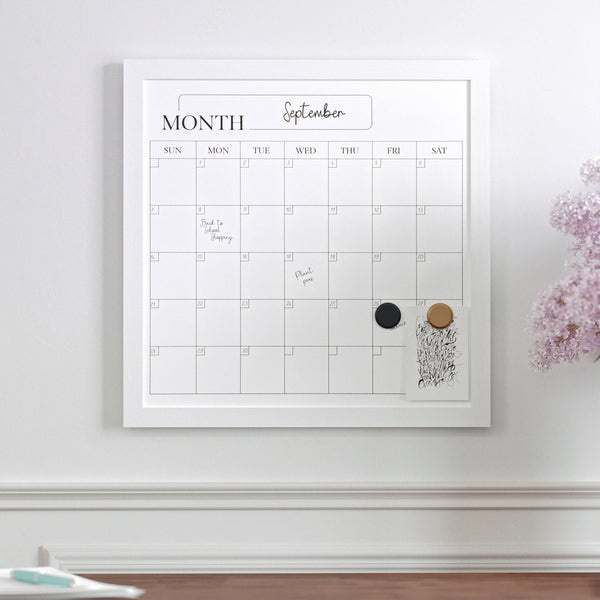 White Woodgrain |#| Dry Erase Magnetic Monthly Calendar and with White Woodgrain Frame - 18" x 18"