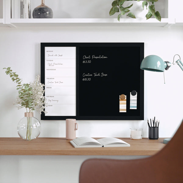 Black Woodgrain |#| Dry Erase Magnetic Weekly Calendar/Chalk Board - Black Woodgrain Frame - 24x18