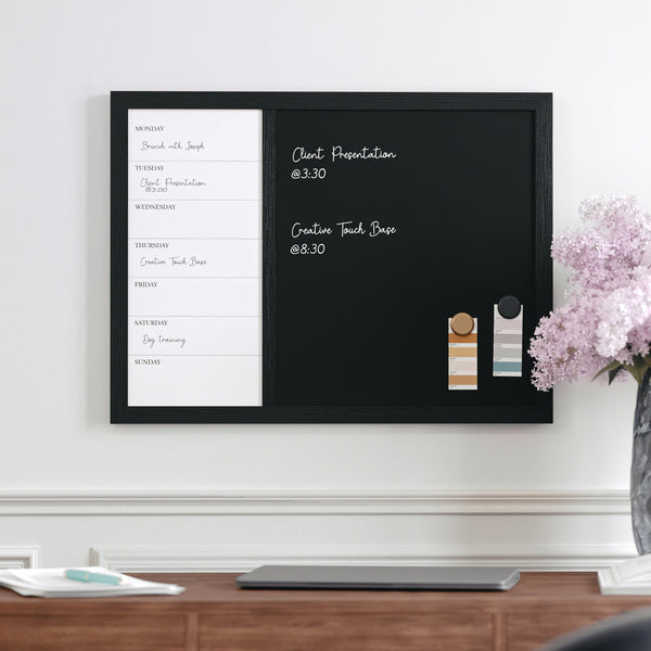 Black Woodgrain |#| Dry Erase Magnetic Weekly Calendar/Chalk Board - Black Woodgrain Frame - 24x18