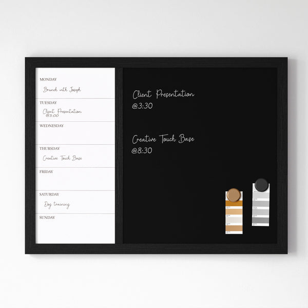 Black Woodgrain |#| Dry Erase Magnetic Weekly Calendar/Chalk Board - Black Woodgrain Frame - 24x18