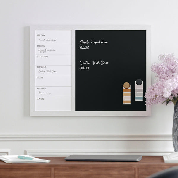 White Woodgrain |#| Dry Erase Magnetic Weekly Calendar/Chalk Board - White Woodgrain Frame - 24x18