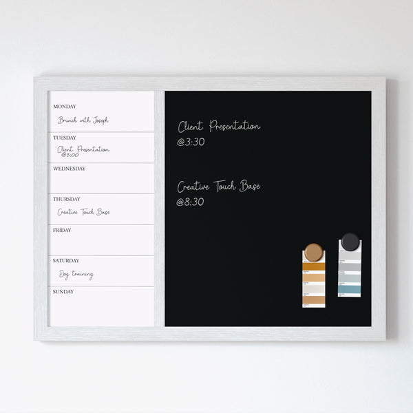 White Woodgrain |#| Dry Erase Magnetic Weekly Calendar/Chalk Board - White Woodgrain Frame - 24x18