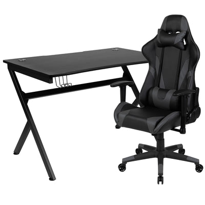 Gaming Desk and Reclining Gaming Chair Set with Cup Holder, Headphone Hook & 2 Wire Management Holes - View 1