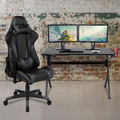 Gaming Desk and Reclining Gaming Chair Set with Cup Holder, Headphone Hook & 2 Wire Management Holes - View 2