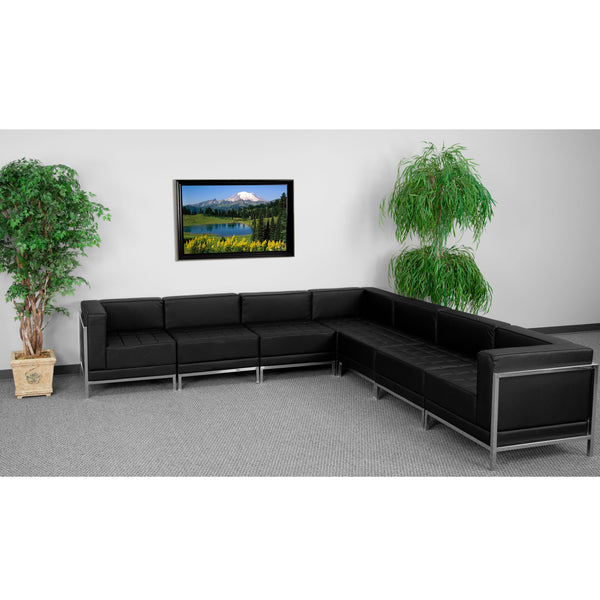 Black |#| 7 Piece Black LeatherSoft Modular Sectional Configuration - Stainless Steel Legs