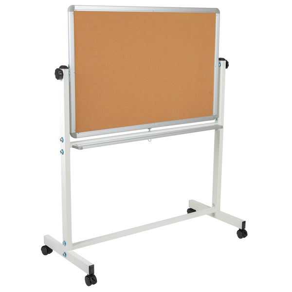 45.25"W x 54.75"H |#| 45.25"W x 54.75"H Reversible Mobile Cork Bulletin & White Board with Pen Tray
