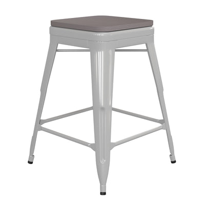 Kai Commercial Grade 24" High Backless Metal Indoor-Outdoor Counter Height Stool with Poly Resin Wood Seat - View 1