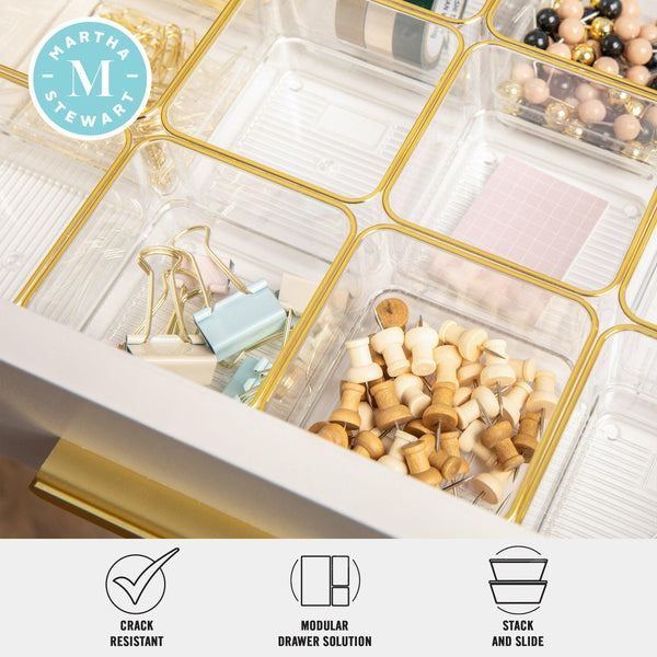 Set of 12 Plastic Stacking Desk Drawer Organizers with Gold Trim - 3 x 3