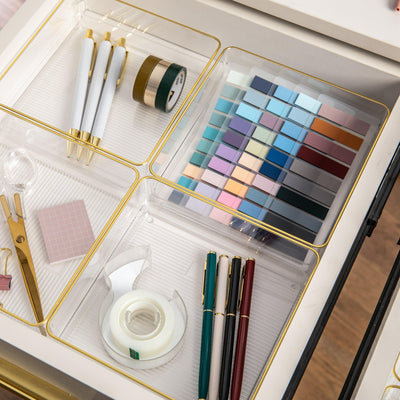 Kerry 4 Pack Plastic Stackable Office Desk Drawer Organizers with Metallic Trim, 6" x 6" - View 2