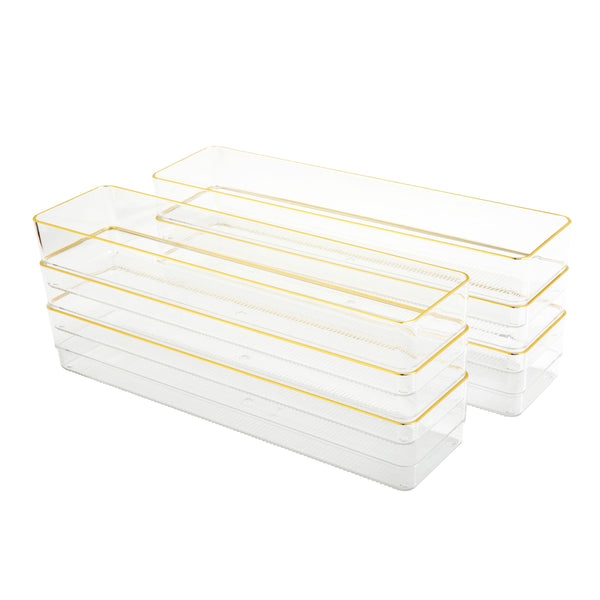 Set of 6 Plastic Stacking Desk Drawer Organizers with Gold Trim - 12 x 3