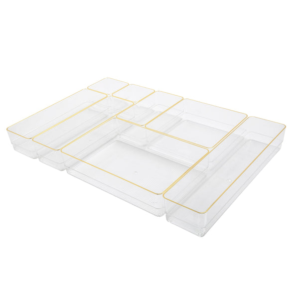 Set of 8 Plastic Stacking Office Desk Drawer Organizers with Gold Trim
