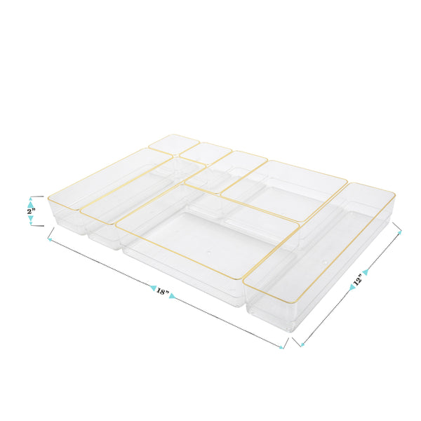 Set of 8 Plastic Stacking Office Desk Drawer Organizers with Gold Trim