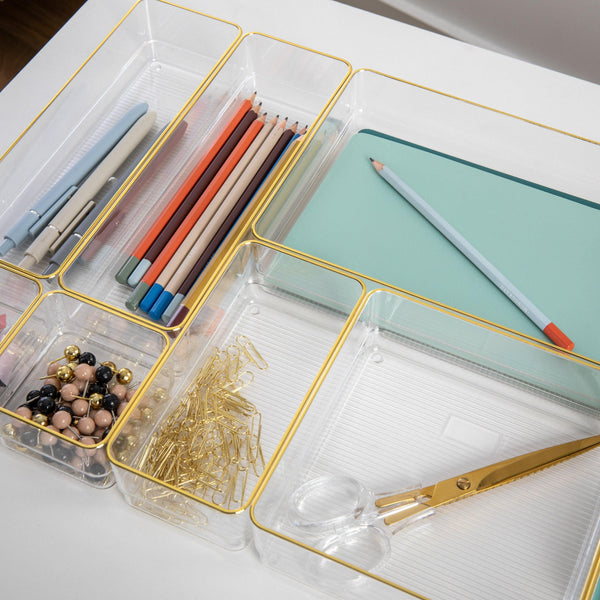Set of 8 Plastic Stacking Office Desk Drawer Organizers with Gold Trim