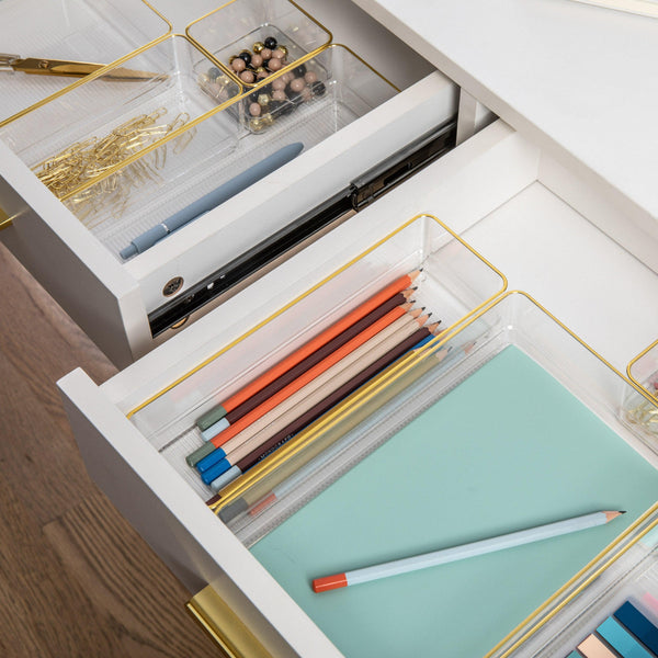 Set of 8 Plastic Stacking Office Desk Drawer Organizers with Gold Trim