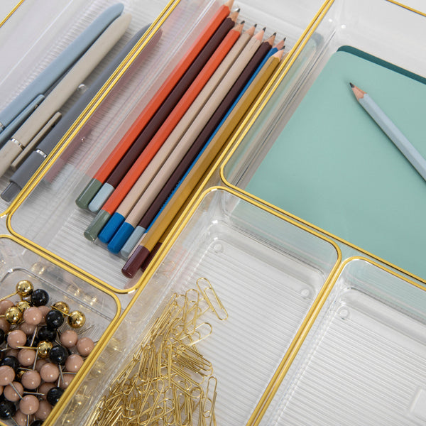 Set of 8 Plastic Stacking Office Desk Drawer Organizers with Gold Trim
